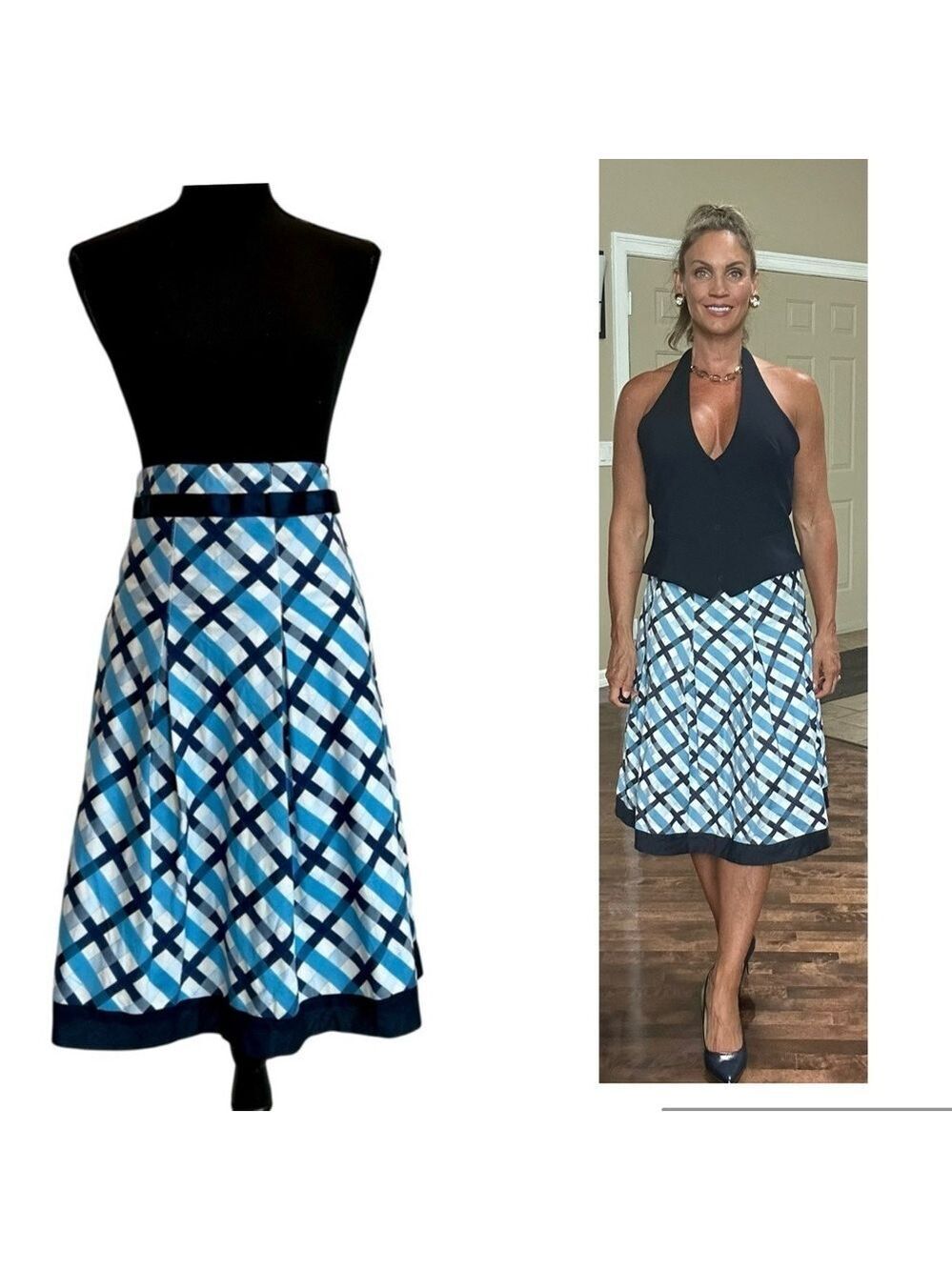 Tommy Hilfiger blue plaid check pleated A-line skirt Sz 8 preppy classic